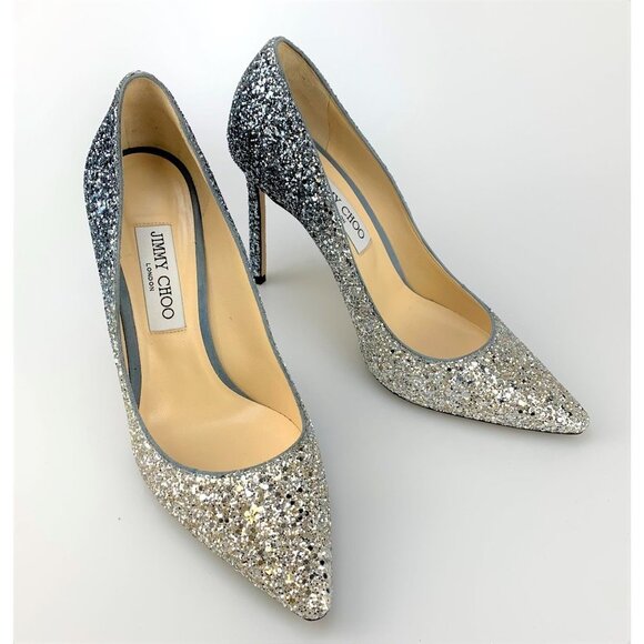 NIB Jimmy Choo Silver and Dusk Blue  Glitter Fabric Pumps Size 39 - Picture 7 of 13